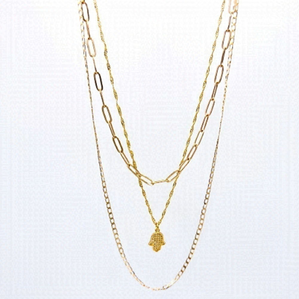 THREE layered necklaces with gold hamsa pendant.